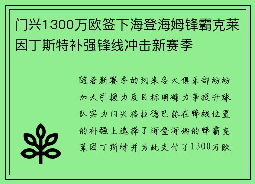 门兴1300万欧签下海登海姆锋霸克莱因丁斯特补强锋线冲击新赛季