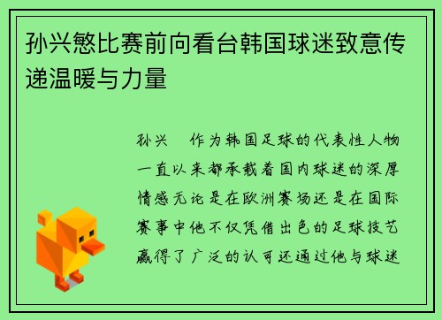孙兴慜比赛前向看台韩国球迷致意传递温暖与力量