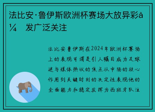 法比安·鲁伊斯欧洲杯赛场大放异彩引发广泛关注